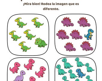 ES- Dinosaur Spot the Difference Worksheet | Find the Odd One Out | Preschool Activity Page | Dino Printable for Kids | Early Learning PDF