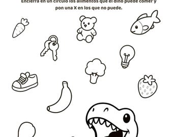 ES- Dino Worksheet | Preschool Sorting Activity | Kids Printable PDF | Dino Food Match | Black and White