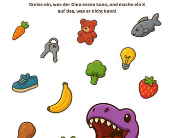 DE - Hoja de trabajo para alimentar al dinosaurio / Actividad de clasificación preescolar / PDF imprimible para niños / Emparejamiento de alimentos de dinosaurios / ALEMÁN