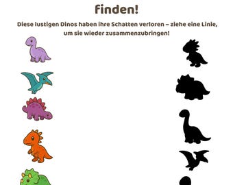 Hoja de trabajo para emparejar sombras de dinosaurios (DE) / Actividad preescolar / PDF imprimible para niños / Empareja las sombras de los dinosaurios / ALEMÁN