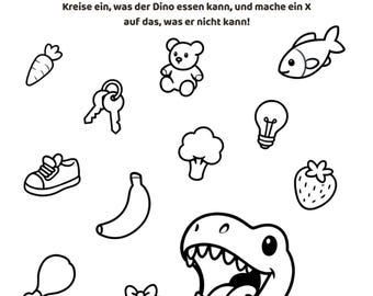 DE- Dino Worksheet | Preschool Sorting Activity | Kids Printable PDF | Dino Food Match | Black and White