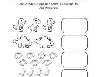 DE- Dinosaur Counting Worksheet | Preschool Math Activity | Kids Printable PDF | Count the Dinosaurs | Black and White