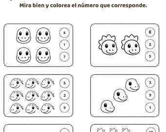 ES- Dinosaur Counting Worksheet | Preschool Number Recognition Activity | Kids Printable PDF | Black and White