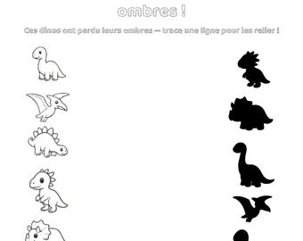 Hoja de trabajo para unir sombras de dinosaurios en francés / Actividad imprimible para niños (PDF)