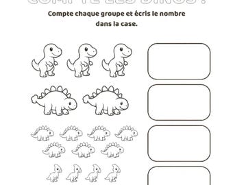 Hoja de trabajo de dinosaurios en francés / Actividad de matemáticas preescolar en blanco y negro / Contar los dinosaurios imprimible / Matemáticas para niños en PDF