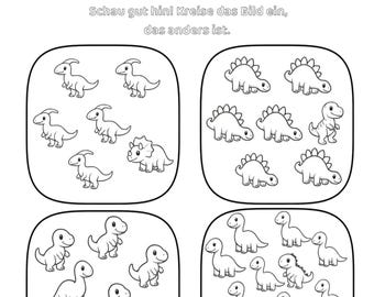 DE- Dinosaur Spot the Difference Worksheet | Find the Odd One Out | Preschool Activity Page | Early Learning PDF
