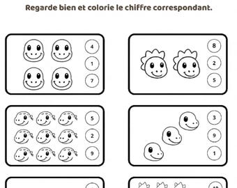 Hoja de trabajo para contar dinosaurios en francés / Actividad de matemáticas para preescolar (PDF)