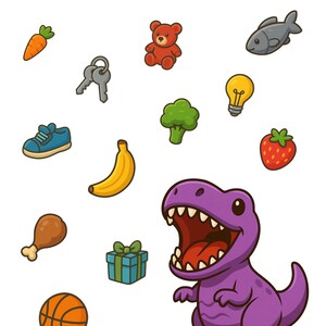 May include: A colorful educational worksheet titled "Feed the Dino!" featuring a purple dinosaur with an open mouth. The worksheet includes illustrations of various foods and objects, such as a carrot, keys, and a basketball.