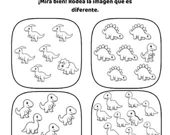 ES- Dinosaur Spot the Difference Worksheet | Find the Odd One Out | Preschool Activity Page | Dino Printable for Kids | Early Learning PDF