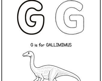 Letter G Dinosaur Tracing Worksheet | Alphabet Printable for Kids | GALLIMIMUS