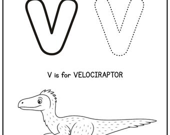 Letter V Dinosaur Tracing Worksheet | Alphabet Printable for Kids | VELOCIRAPTOR