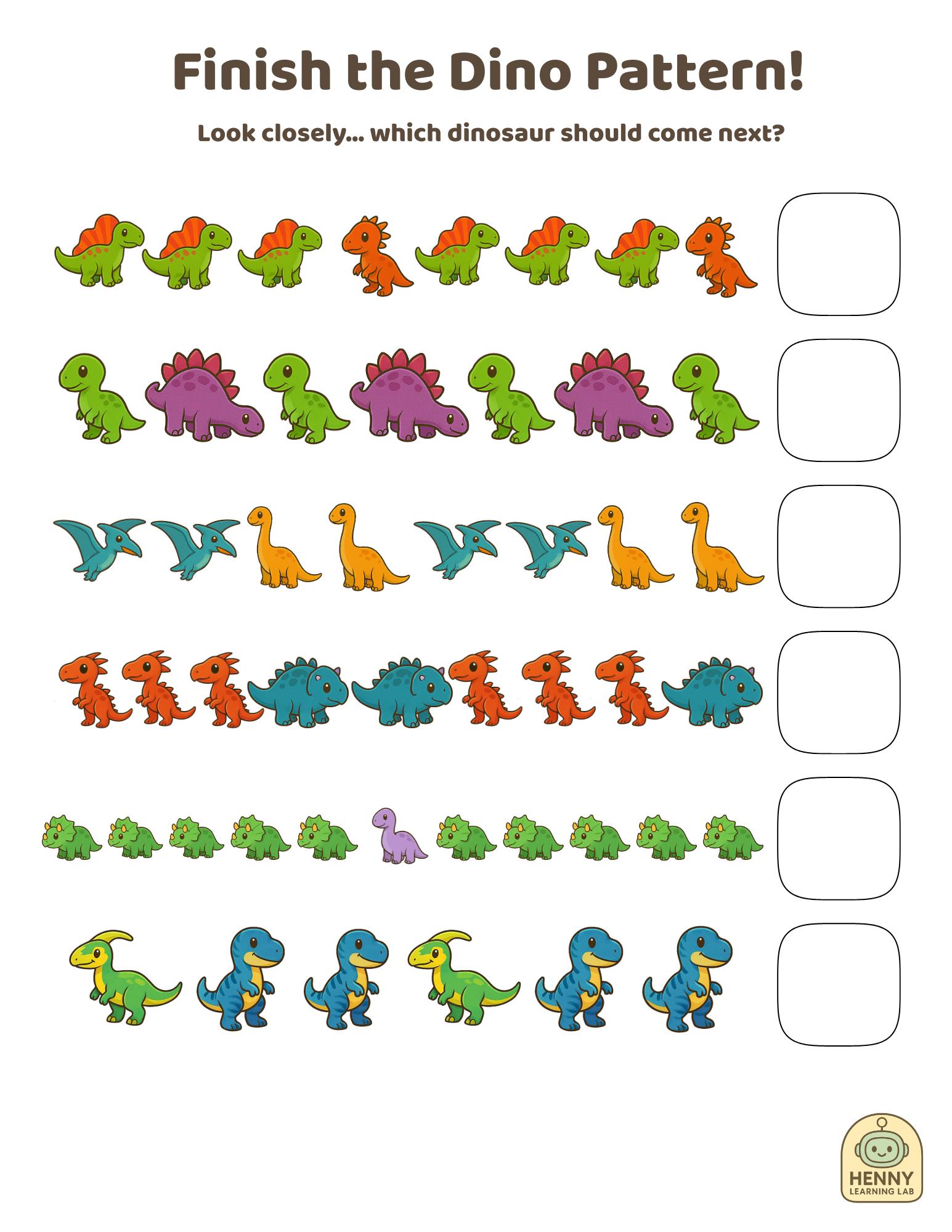 Dinosaur Pattern Worksheet | Preschool Sequencing Activity (PDF) - Etsy