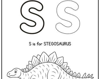 Letter S Dinosaur Tracing Worksheet | Alphabet Printable for Kids | STEGOSAURUS