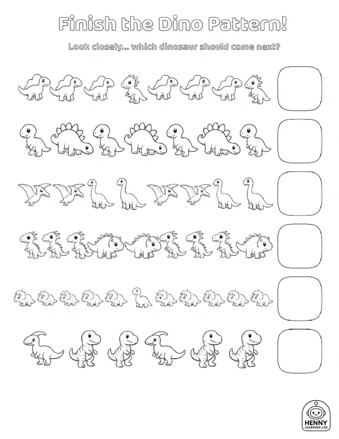 Dinosaur Pattern Worksheet | Black & White Finish the Pattern Activity ...