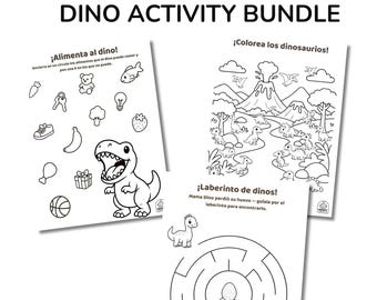 Spanish- 10 page Dino Activity Bundle | Preschool Learning Worksheets (PDF) Black and White