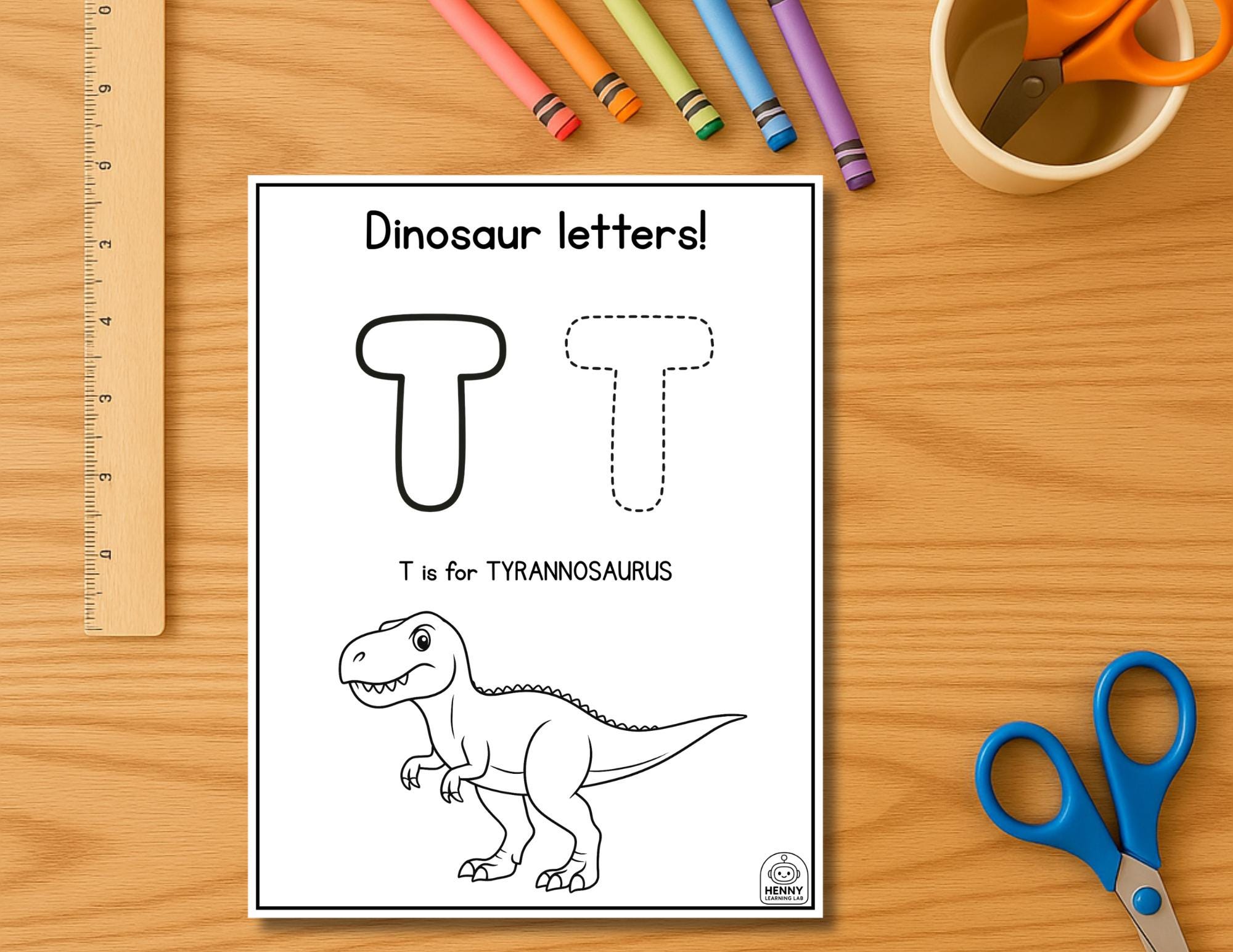 Letter T Dinosaur Tracing Worksheet | Alphabet Printable for Kids ...