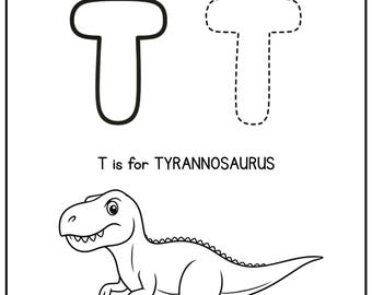 Letter T Dinosaur Tracing Worksheet | Alphabet Printable for Kids | TYRANNOSAURUS