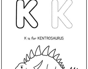 Letter K Dinosaur Tracing Worksheet | Alphabet Printable for Kids |  KENTROSAURUS