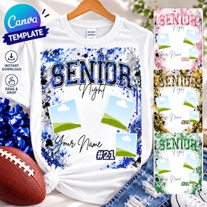 Puede incluir: Una camiseta blanca con un diseño de salpicaduras de pintura azul y negra con el texto SENIOR Night, Your Name y #21. El gráfico incluye tres marcos de fotos vacíos para personalizar en una camiseta de cuello redondo.
