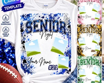 Op de afbeelding: Een wit t-shirt met een blauw en zwart verfspatontwerp met de tekst SENIOR Night, Your Name en #21. De afbeelding bevat drie lege fotokaders voor personalisatie op een t-shirt met een ronde hals.