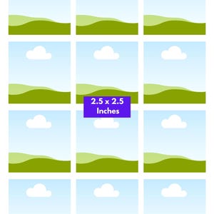 Puede incluir: Una hoja de plantilla digital con doce marcos cuadrados que muestran un cielo azul claro, una nube blanca y colinas verdes. El texto incluye Small Sizes, 2.5 x 2.5 Inches e instrucciones para insertar su fondo en el marco e imprimir.