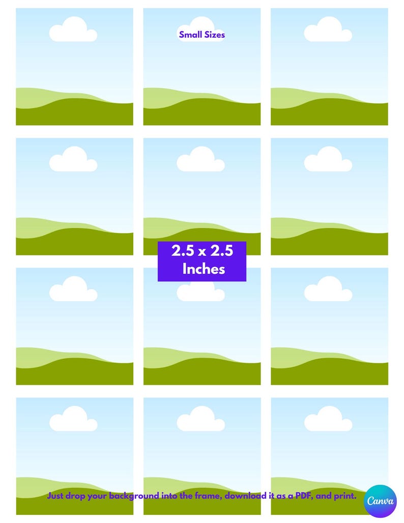 Puede incluir: Una hoja de plantilla digital con doce marcos cuadrados que muestran un cielo azul claro, una nube blanca y colinas verdes. El texto incluye Small Sizes, 2.5 x 2.5 Inches e instrucciones para insertar su fondo en el marco e imprimir.