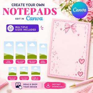Puede incluir: Una plantilla digital para blocs de notas personalizables con un borde rosa, un lazo, corazones y destellos. La imagen muestra varios tamaños en pulgadas, incluyendo 7x9, 5.5x8.5, 5.8x8.3, 4x6, 3.5x3.5, 2.5x2.5 y 4x4, con texto sobre Canva.