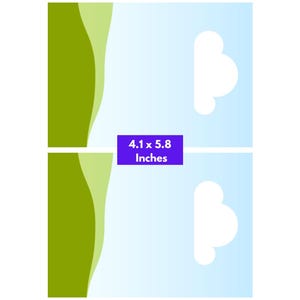 Puede incluir: Dos plantillas rectangulares etiquetadas como Small / Desk Sizes con una medida de 4.1 x 5.8 Inches. Cada plantilla presenta un fondo azul claro, una franja vertical verde oliva a la izquierda y un recorte blanco en forma de nube.