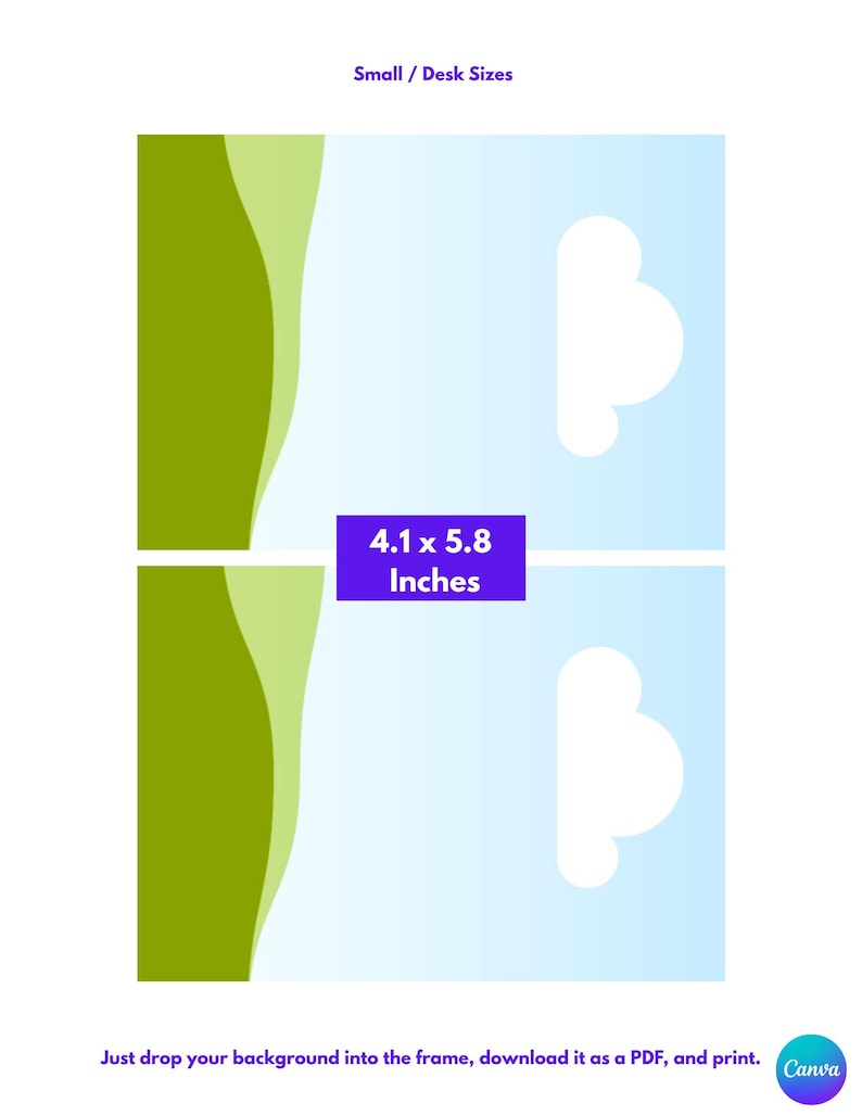 Puede incluir: Dos plantillas rectangulares etiquetadas como Small / Desk Sizes con una medida de 4.1 x 5.8 Inches. Cada plantilla presenta un fondo azul claro, una franja vertical verde oliva a la izquierda y un recorte blanco en forma de nube.
