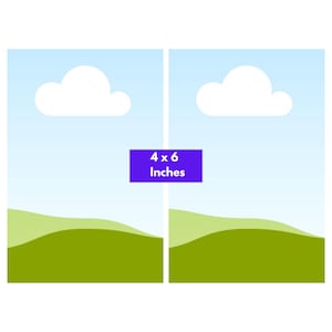 Puede incluir: Dos marcos rectangulares verticales con un cielo azul claro, colinas verdes y un gr&aacute;fico de nube blanca. El texto dice Small / Desk Sizes y 4 x 6 Inches. En la parte inferior, el texto dice Just drop your background into the frame, download it as a PDF, and print. Logo de Canva visible.