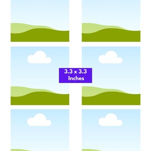 Puede incluir: Una plantilla digital con seis marcos cuadrados que muestran un cielo azul claro, una nube blanca y colinas verdes. El texto dice Small Sizes, 3.3 x 3.3 Inches, y Just drop your background into the frame, download it as a PDF, and print.