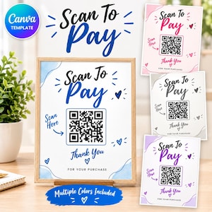 Może przedstawiać: Zestaw drukowanych znaków Scan To Pay z kodem QR, tekstem Scan To Pay, Scan Here, Thank You oraz For Your Purchase. Projekty zawierają niebieską, różową, szarą i fioletową kolorystykę z akcentami w kształcie serc i falistymi liniami brzegowymi.