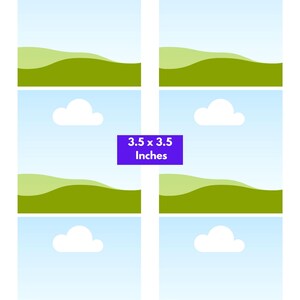 Puede incluir: Una plantilla digital con seis marcos cuadrados id&eacute;nticos con cielo azul claro, nubes blancas y colinas verdes. El texto dice Small Sizes, 3.5 x 3.5 Inches, y Just drop your background into the frame, download it as a PDF, and print.