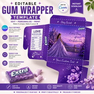 May include: An editable purple gum wrapper template featuring a princess in a gown, a castle, and floral accents. The design includes a nutrition label with love-themed values, the text Extra Dose of Confidence, and a pack of Extra gum.