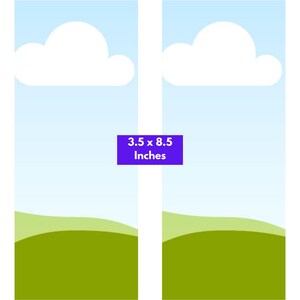 Puede incluir: Dos plantillas verticales de bloc de notas para listas de tareas con cielo azul claro, nubes blancas y colinas verdes. Un cuadro morado en el centro muestra el texto 3.5 x 8.5 Inches. Arriba dice To-Do List Notepad y abajo Just drop your background into the frame, download it as a PDF, and print.