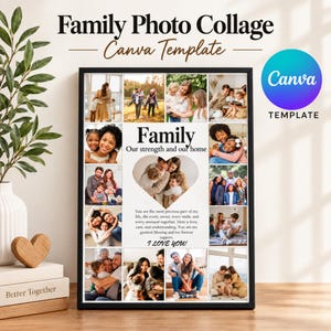 Puede incluir: Una plantilla de collage de fotos familiares de Canva con marco negro que presenta múltiples espacios rectangulares, un marco central en forma de corazón y el texto Family, Our strength and our home, e I LOVE YOU, junto a un bloque de texto.