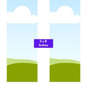 Puede incluir: Una plantilla de bloc de notas To-Do List con dos marcos rectangulares verticales sobre un fondo de cielo azul claro, nubes blancas y colinas verdes. El texto central dice 3 x 8 Inches. El texto inferior dice Just drop your background into the frame, download it as a PDF, and print.