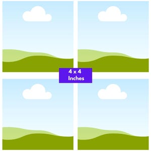 Puede incluir: Una plantilla digital con cuatro marcos cuadrados dispuestos en cuadr&iacute;cula, cada uno con un cielo azul claro, una nube blanca y colinas verdes. El texto dice Small / Desk Sizes, 4 x 4 Inches, y Just drop your background into the frame, download it as a PDF, and print.