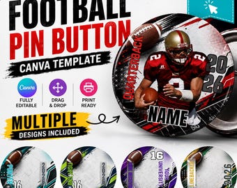 Op de afbeelding: Een digitaal Canva-sjabloon voor een ronde football-speldknop met een afbeelding van een quarterback in een rood shirt, een football, de tekst "QUARTERBACK", "NAME" en "2026", met daaronder extra ronde ontwerpsjablonen in diverse kleuren.