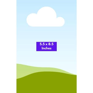 Puede incluir: Una plantilla digital rectangular que muestra un cielo azul claro con una sola nube blanca sobre colinas verdes. Un cuadro morado en el centro muestra el texto 5.5 x 8.5 Inches. El texto inferior dice: Just drop your background into the frame, download it as a PDF, and print.