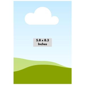 Puede incluir: Una plantilla digital con un cielo azul claro, una nube blanca y colinas verdes. El texto dice Medium Sizes (Most Popular), 5.8 x 8.3 Inches, y Just drop your background into the frame, download it as a PDF, and print.