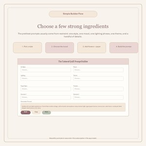 May include: A digital interface with text that reads "Choose a few strong ingredients." The interface includes prompts for art style, mood, lighting, and other details. The interface is in shades of beige and pink.