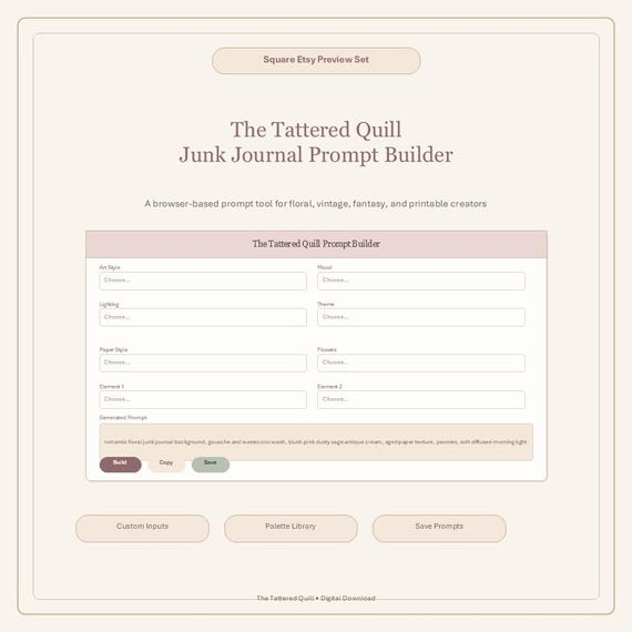 Junk Journal Prompt Builder HTML Tool, Midjourney Tool, Browser Based Digital Download, For Beginners