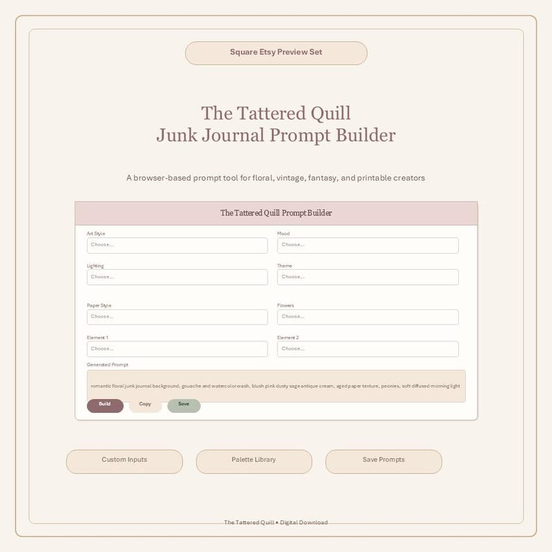 May include: A digital product preview set for Etsy, featuring a browser-based prompt tool called "The Tattered Quill Junk Journal Prompt Builder." The interface is in a soft, neutral color palette with input fields and buttons for customization.