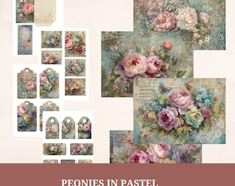 May include: A collection of pastel-colored peony-themed papers and ephemera sheets. The set includes tags, stamps, and decorative papers with floral designs in shades of pink, blue, and green. The text "PEONIES IN PASTEL" is displayed at the bottom.