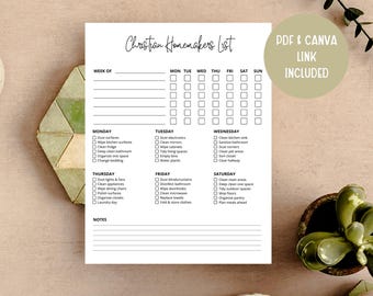 May include: A white printable Christian Homemakers List with checkboxes for each day of the week. The text "Christian Homemakers List" is at the top. A PDF and Canva link are included. The image is on a light brown surface.