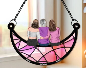 Mother Daughter On Moon Suncatcher, Personalized Window Hanging From Daughter, Custom Mum & Daughter, Mother's Day Gift for Mom, Grandma