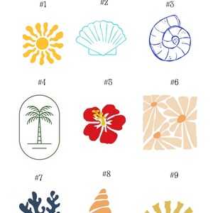 K&ouml;nnte beinhalten: Bild mit neun Strand-Symbolen, darunter eine gelbe Sonne, eine t&uuml;rkisfarbene Muschel, eine blaue Spiralmuschel, eine Palme, eine rote Hibiskusbl&uuml;te und eine Sammlung von G&auml;nsebl&uuml;mchen. Der Text "AVAILABLE ICONS" steht oben.