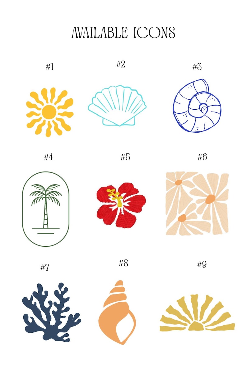 K&ouml;nnte beinhalten: Bild mit neun Strand-Symbolen, darunter eine gelbe Sonne, eine t&uuml;rkisfarbene Muschel, eine blaue Spiralmuschel, eine Palme, eine rote Hibiskusbl&uuml;te und eine Sammlung von G&auml;nsebl&uuml;mchen. Der Text "AVAILABLE ICONS" steht oben.