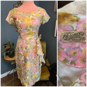 1960s pink silk garden day dress with side sash Size medium
